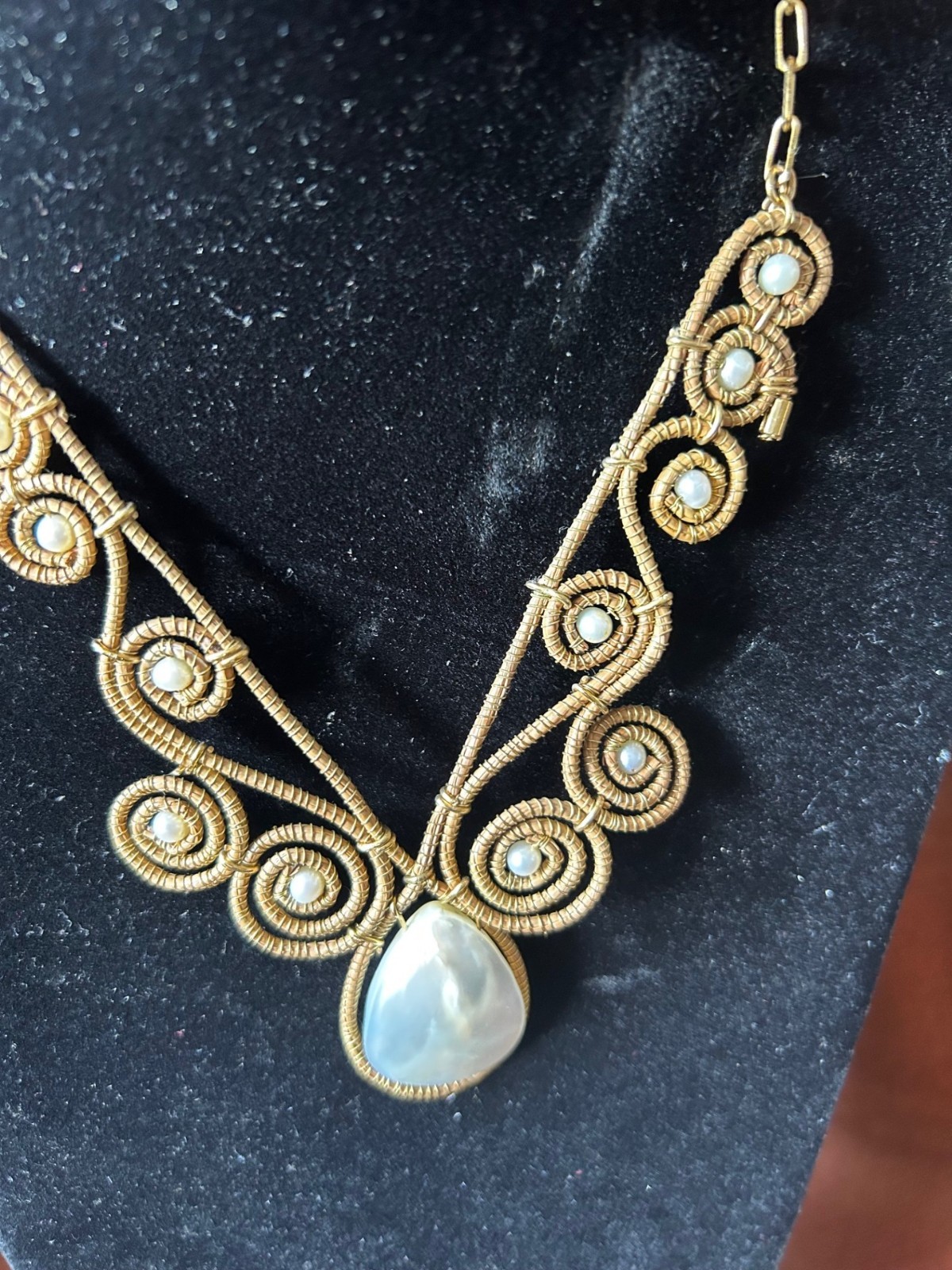 Artizan Goldtone Wire Wrapped Mother of Pearl V-neck Bib Collar Necklace