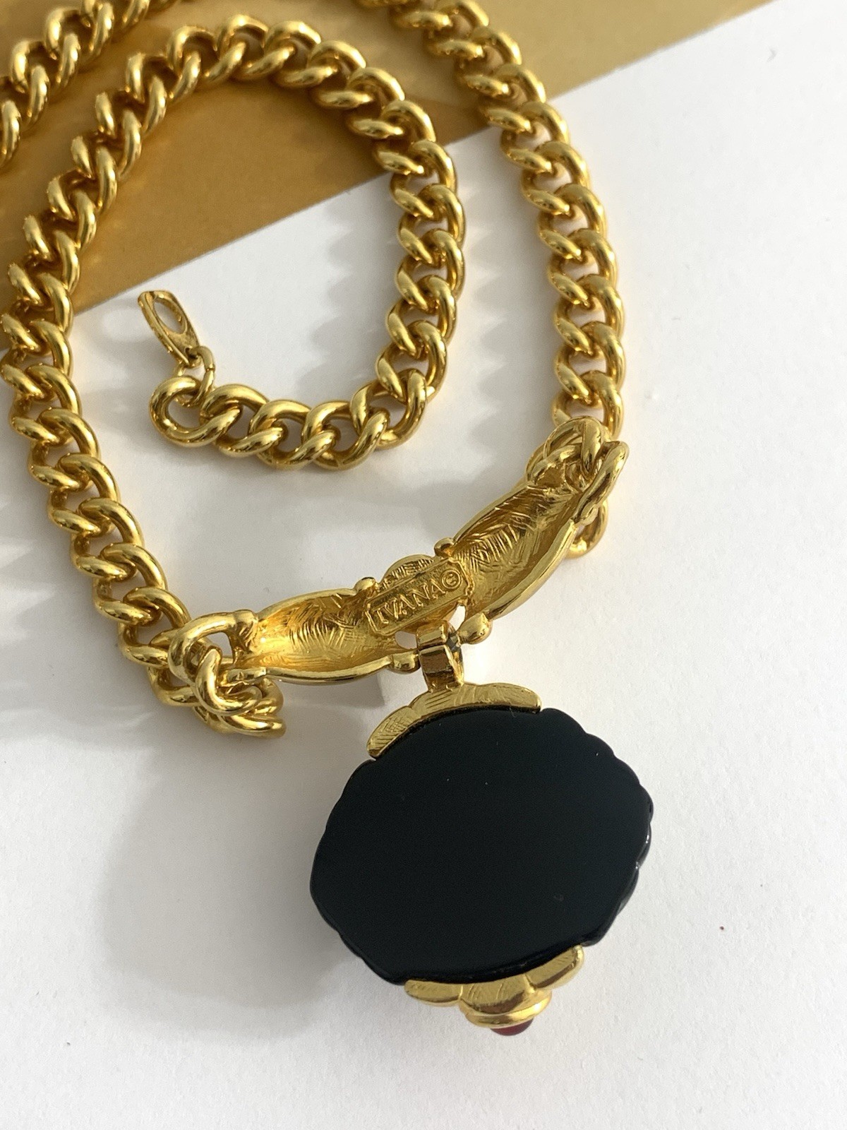 Vintage IVANA Trump Necklace Gold Tone Red Glass Cabochons Carved Black Lucite