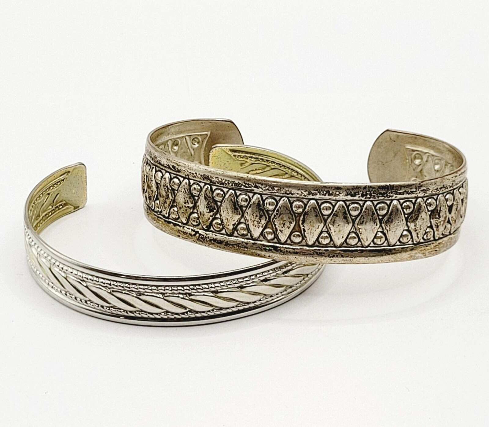 Two Vintage Metal Cuff Bracelets 1 Brass & 1 Silver Tone Patterned Tarnished
