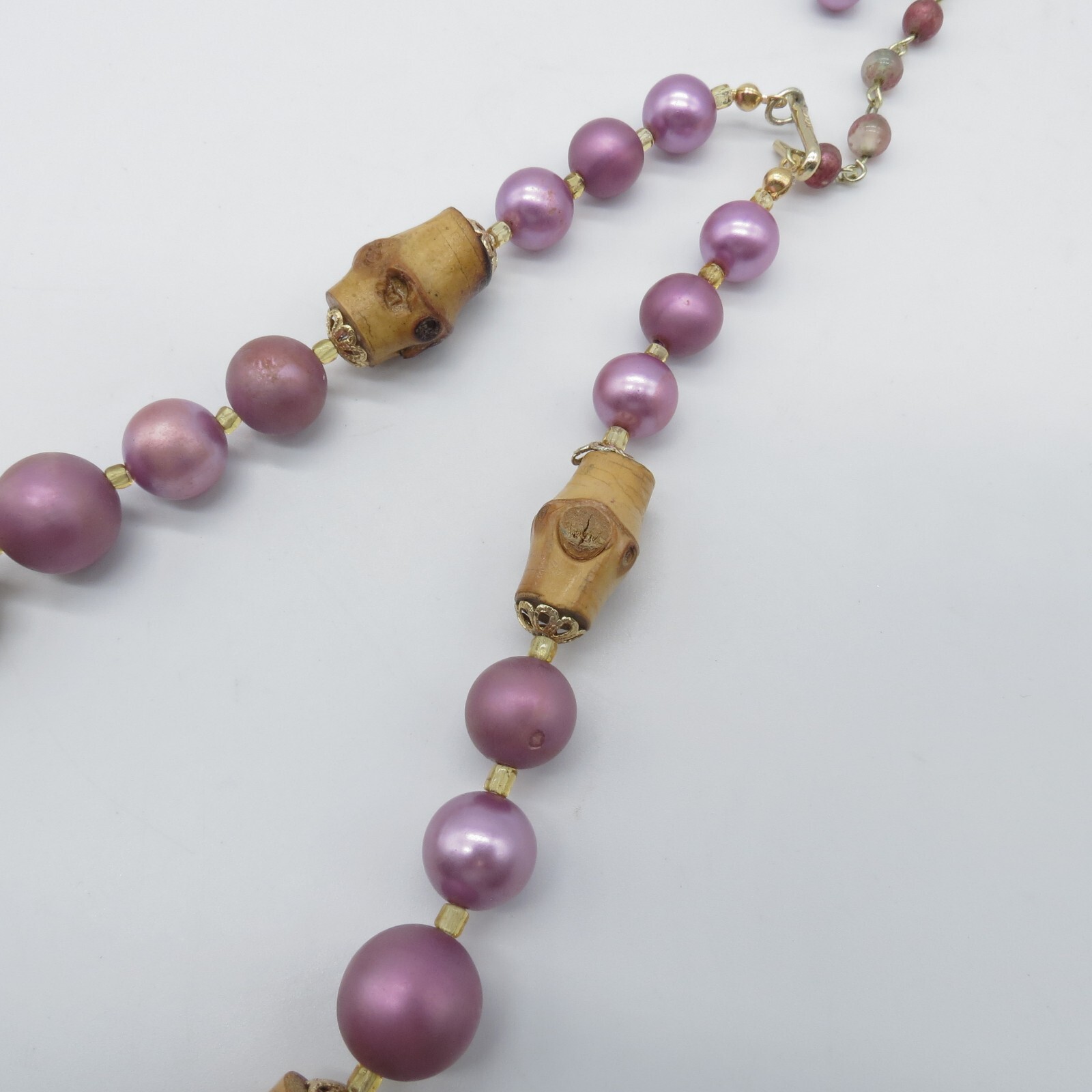 Vintage Japan Bamboo Pink Beaded Necklace Gold Tone Statement 17″
