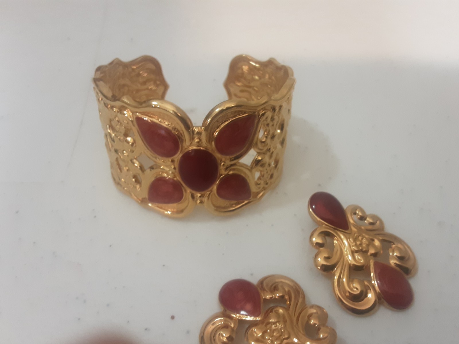 Artful Expression Gold Tone Cuff Bracelet Earrings Set [Possibly Avon not sure]