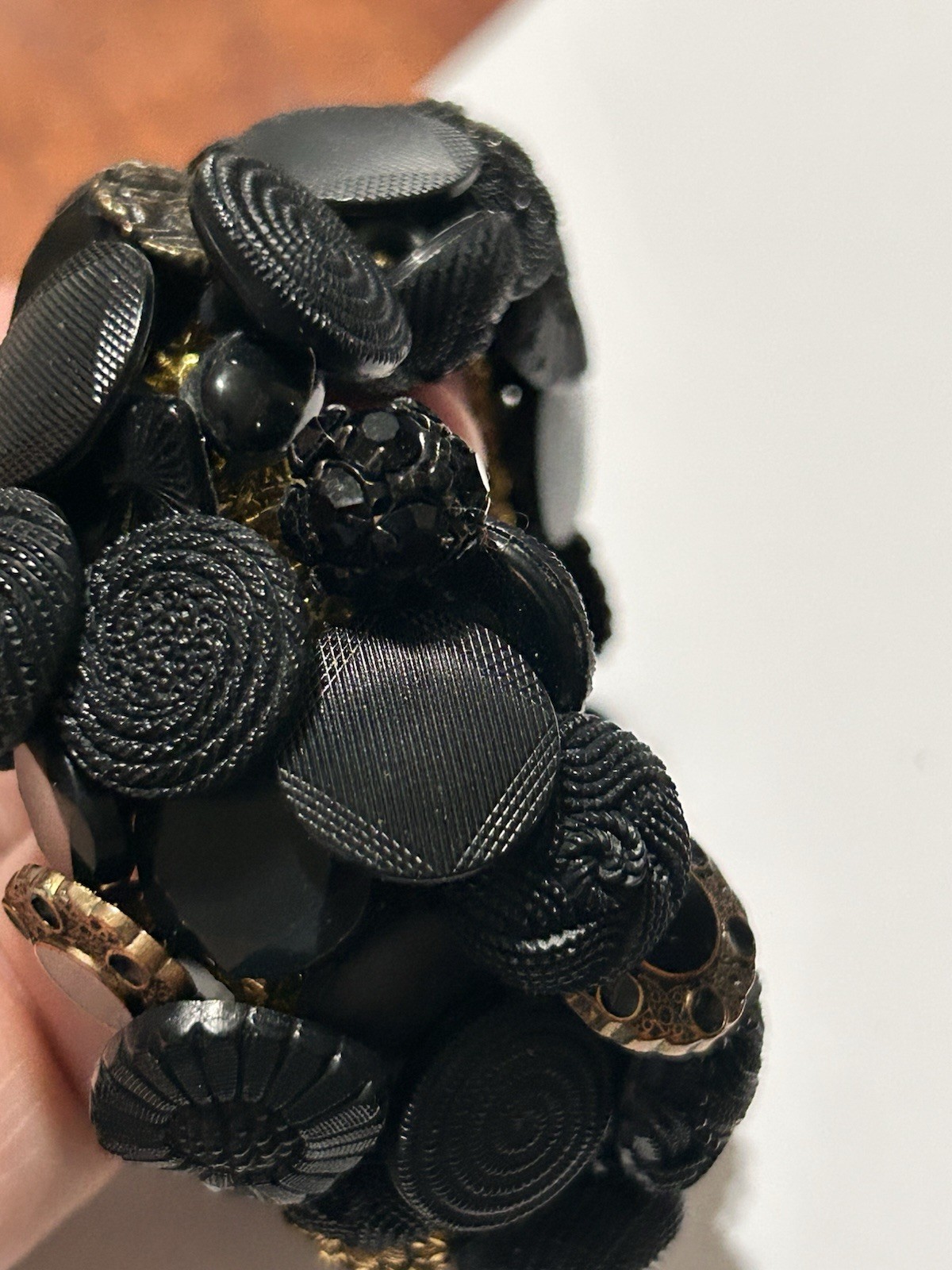 VTG 70s Mid-Century Buttons Treasure Bracelet Crochet Black/Gold Victorian Style