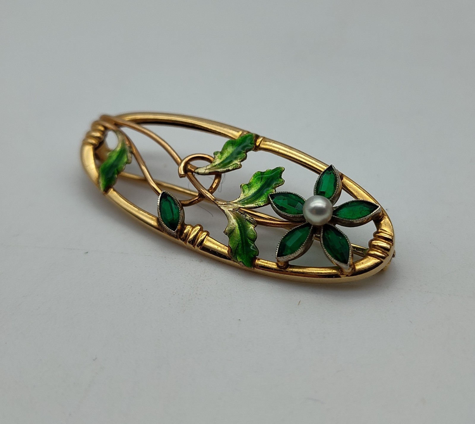 Vintage Flower Pearl Aqua Stone 10K Yellow Gold Green Enamel Brooch Pin Lapel