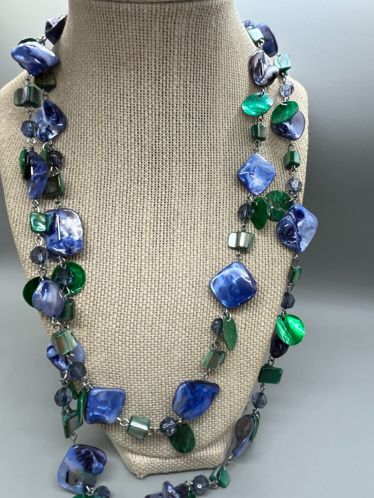 vintage blue Boho Abalone shell Beaded 2 strand 28″ necklace bl02