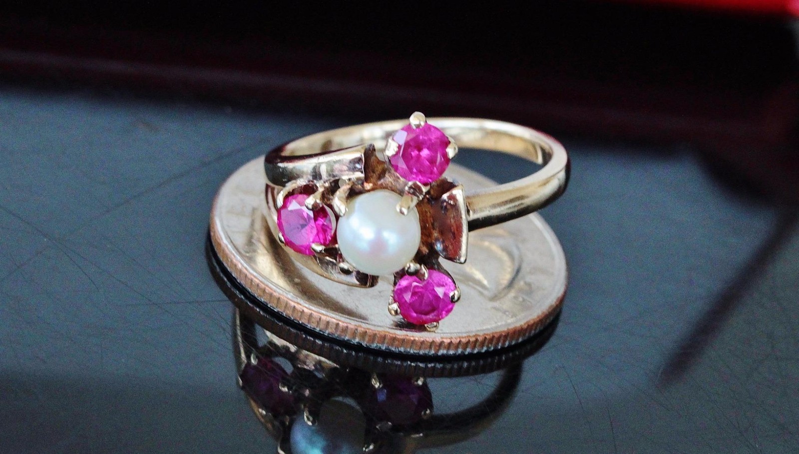 10k yellow gold ring 5.3mm cultured pearl & lab ruby size 7.75 handmade 3.5g
