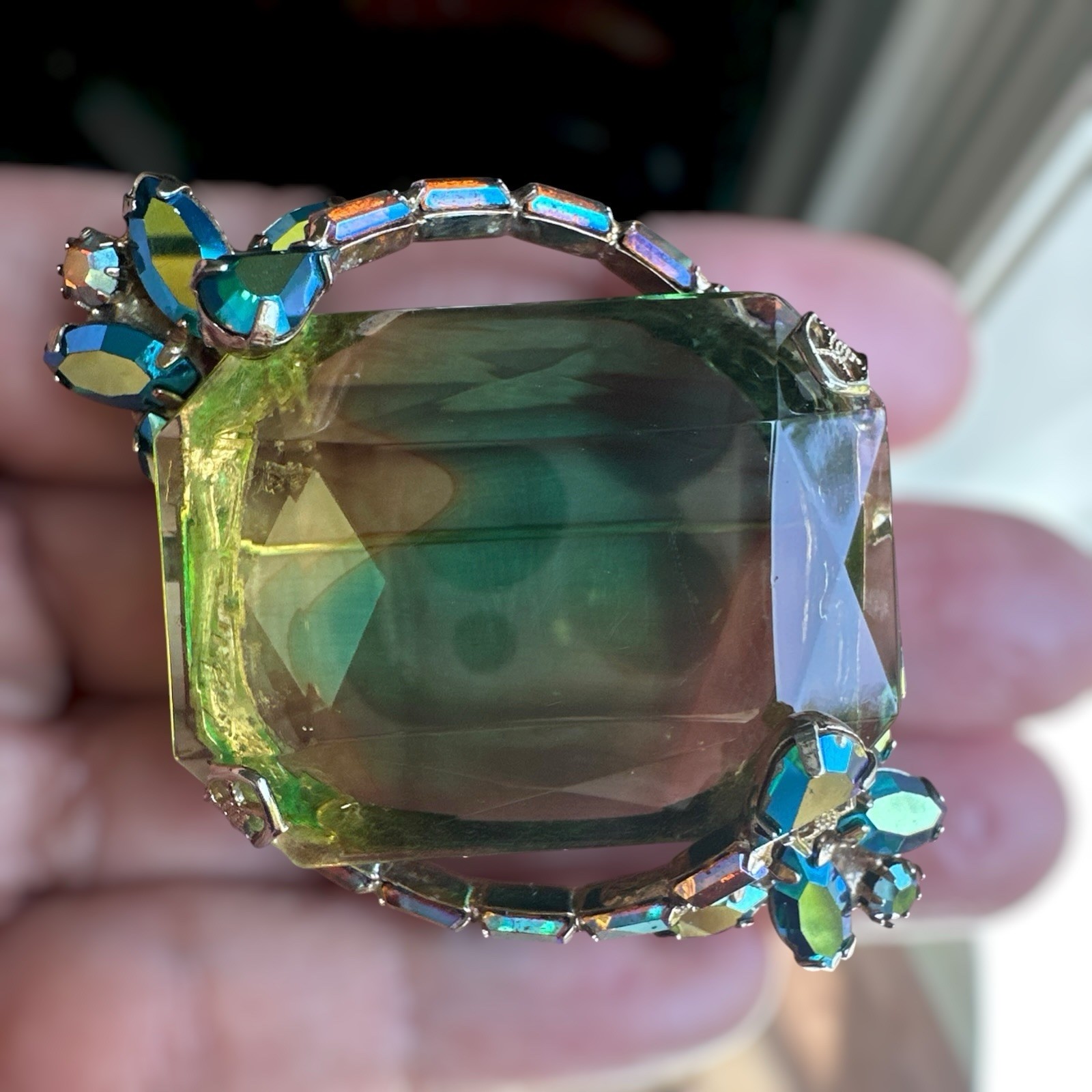 VTG Shadowbox Cocktail Brooch 2 Inch Vitrail Emerald Cut Blue AB Gold Filigree