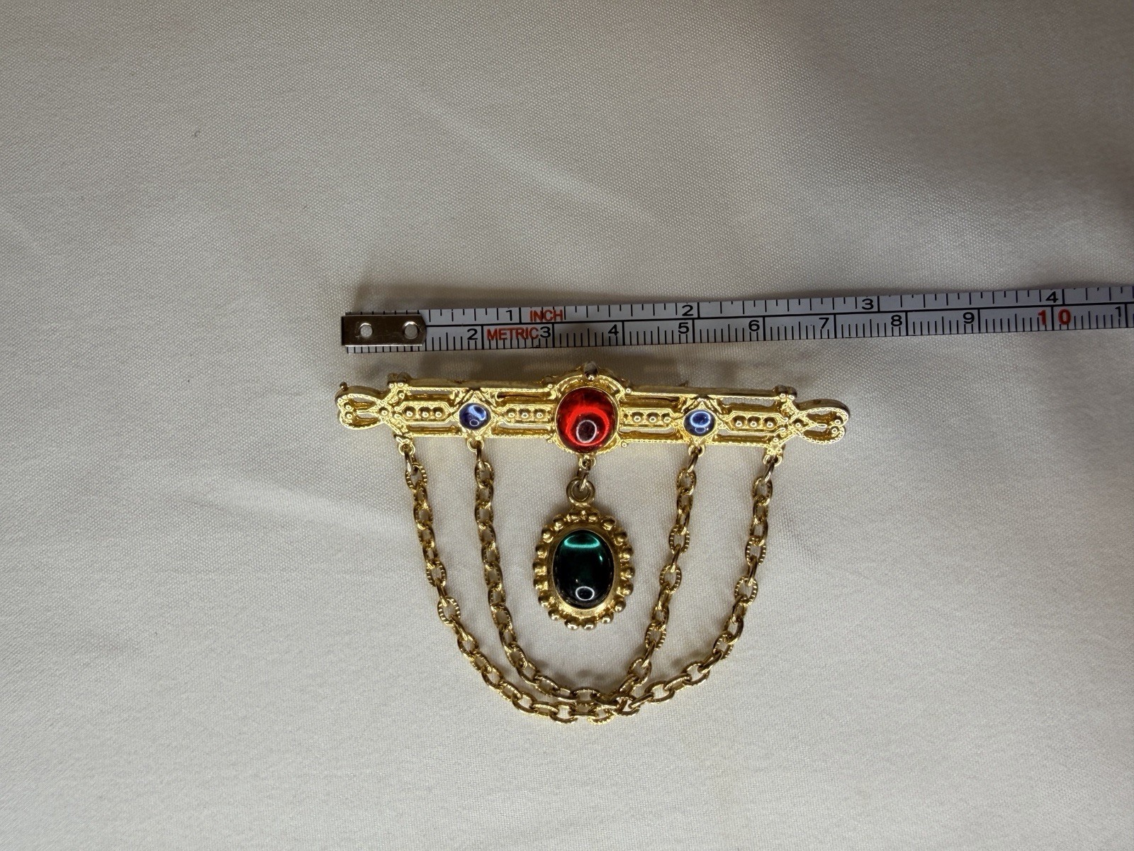Vintage French Mogul Gripoix Regal Beauty Blue Red & Green Gold Tone Brooch