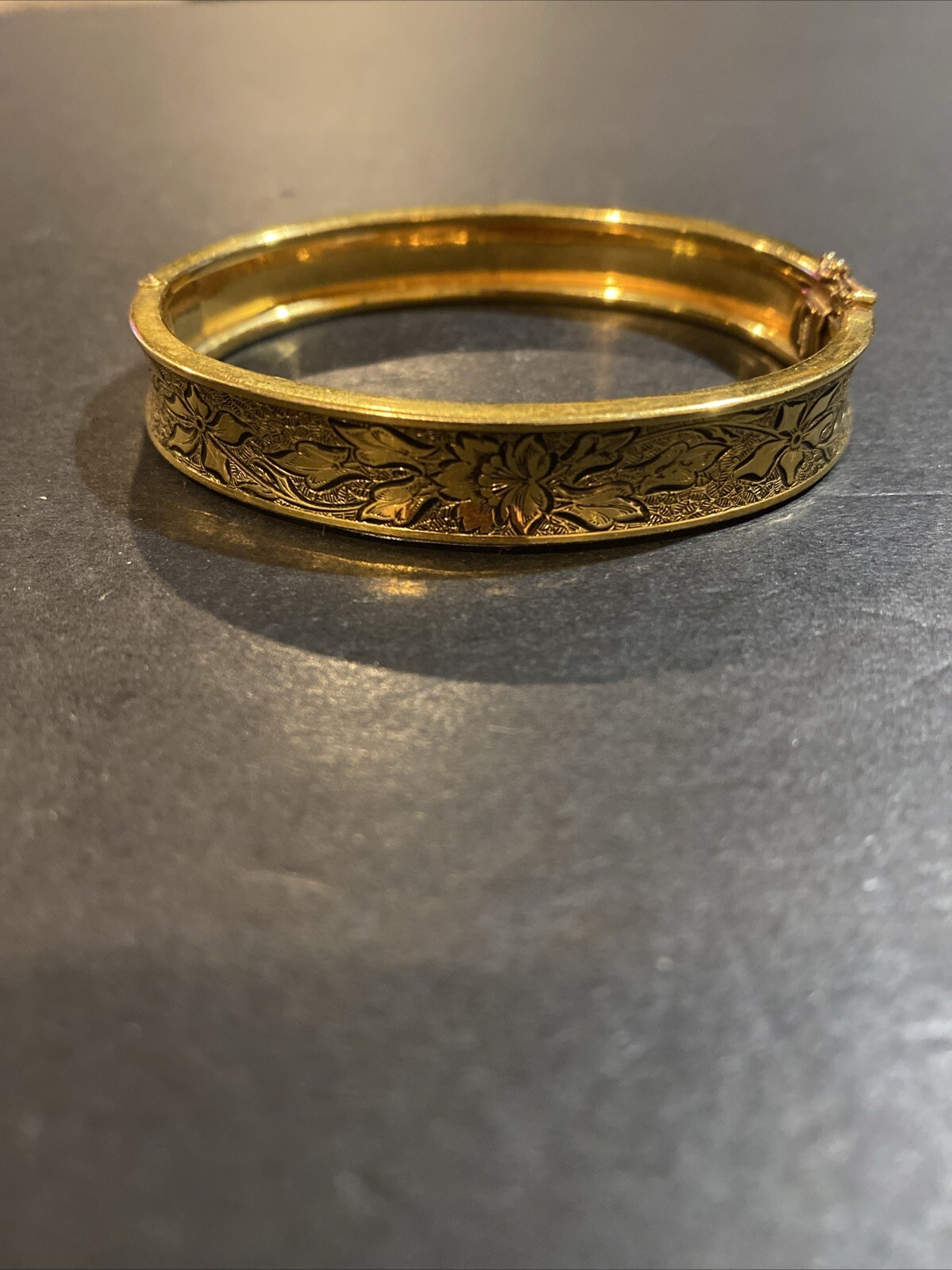 Vintage Signed RINE Yellow Gold Filled Etched Bangle Bracelet