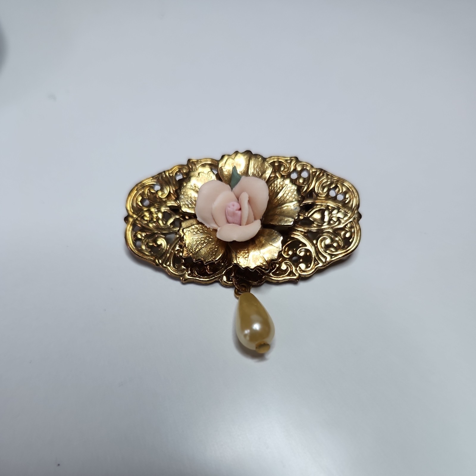 Vintage Brooch Gold Tone Floral Dangle Faux Pearl With Enameled Rose Filigree