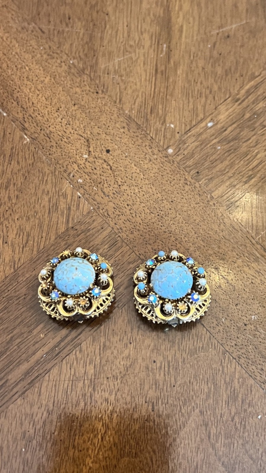 Vintage Florenza Faux Turquoise Cabochon Stud Earrings Gold Tone Signed Nice!