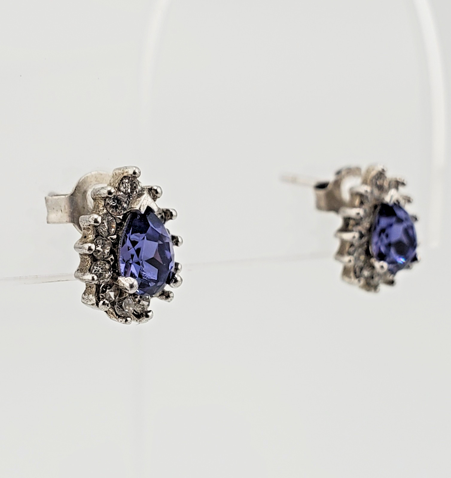 VTG 925 Purple Blue Pear Cut Crystal Stud Earrings Sterling Silver 1g Halo CZ S