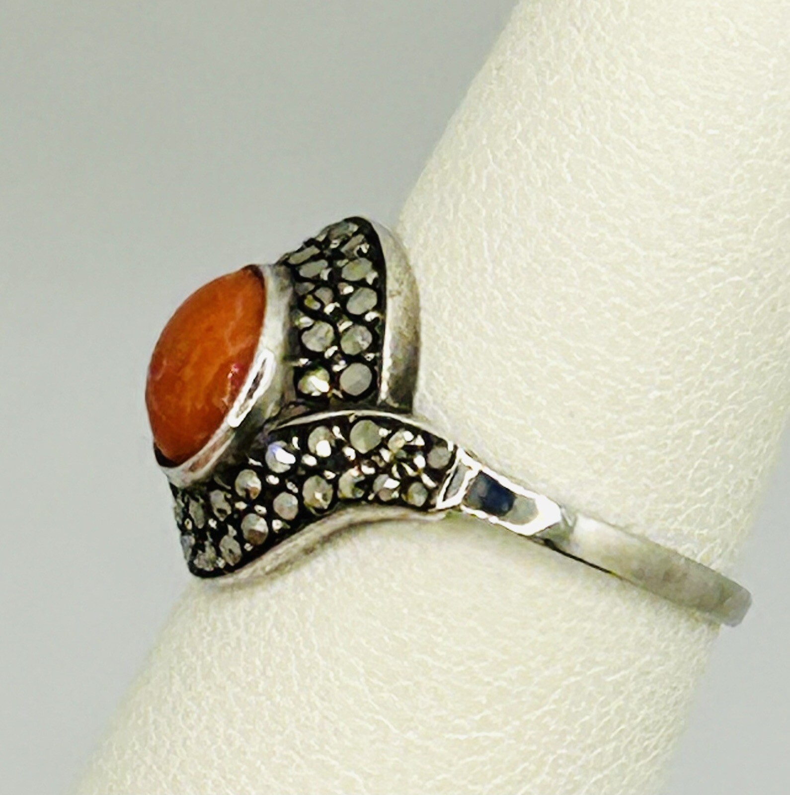 Vintage Sterling Silver Cabochon Coral & Marcasite Ring Sz 5.5