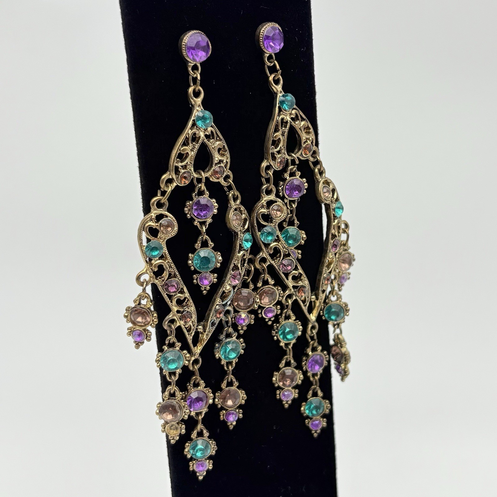 Long Vintage Dangle Drop Post Gold Tone Earrings Teal Purple Brown Rhinestones