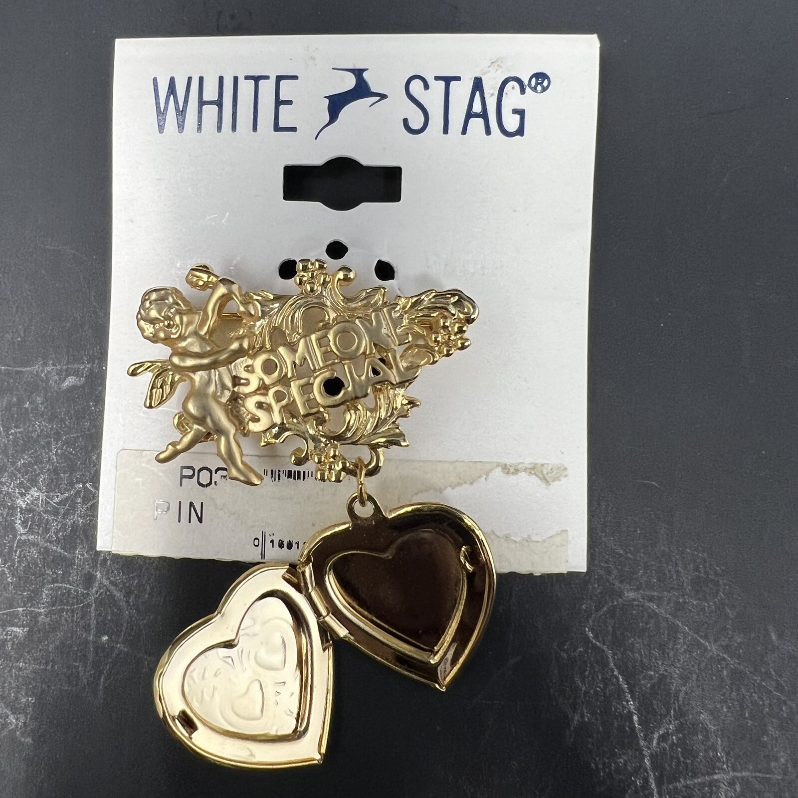 White Stag Pin with Heart Locket Gold Tone Cupid Someone Special