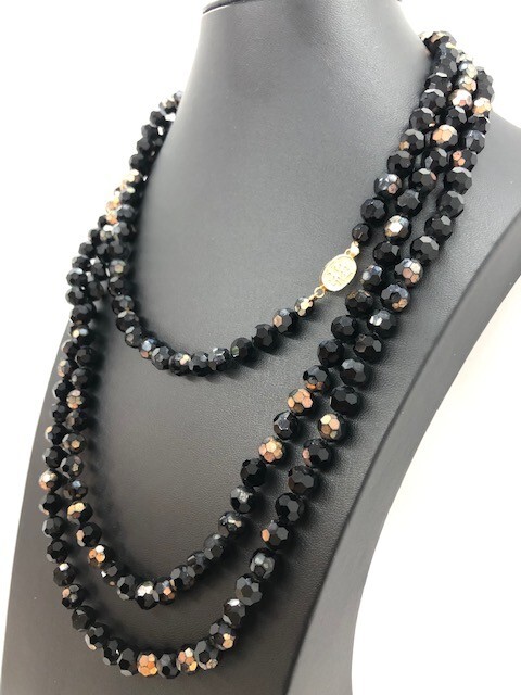 Czech Glass Fire Polished Faceted Jet Black Glass Bead Opera Length Necklace