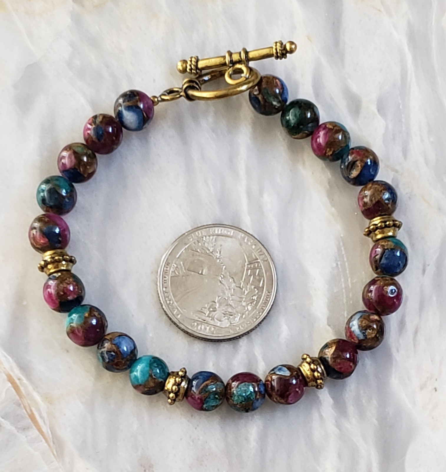 Vintage Gemstone Bead Gold Tone Spacers & Toggle Closure Bracelet 7¾