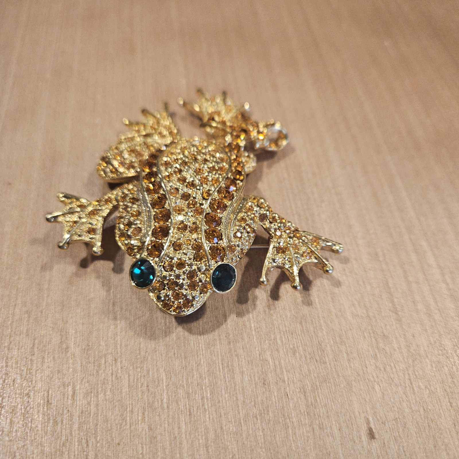 Vintage Large Rhinestone Frog Brooch Gold Tone Amber Crystal 3″ fairycore garden