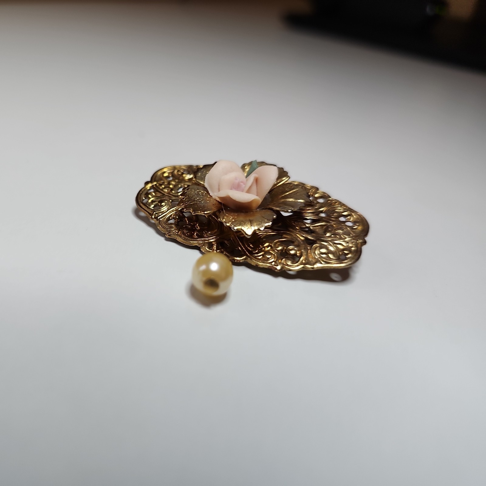 Vintage Brooch Gold Tone Floral Dangle Faux Pearl With Enameled Rose Filigree