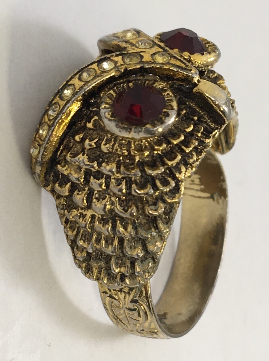 Owls Head Ring Red Eyes Golden US Size 7 17.5 MM Wrap Adjustable Vintage