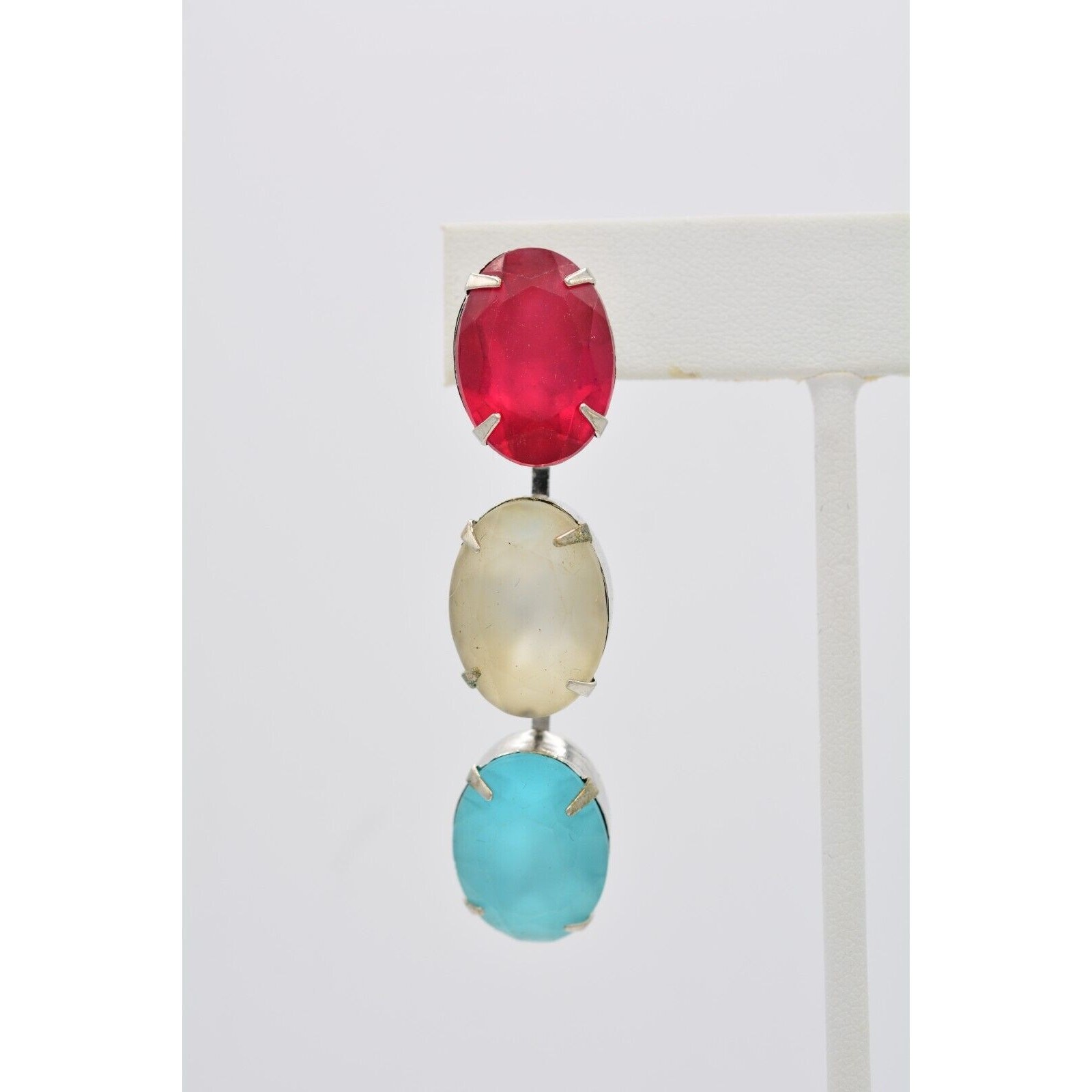 Vintage Frosted Crystal Drop Earrings Dangle Hot Pink White Blue Chunky 80s A19