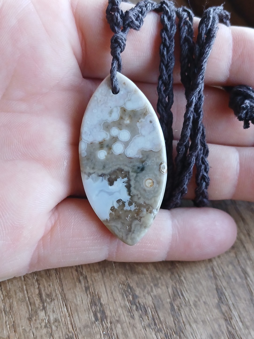 Ocean Jasper Pendant Necklace Hemp Cord Hippie Boho Layering Rock Stone