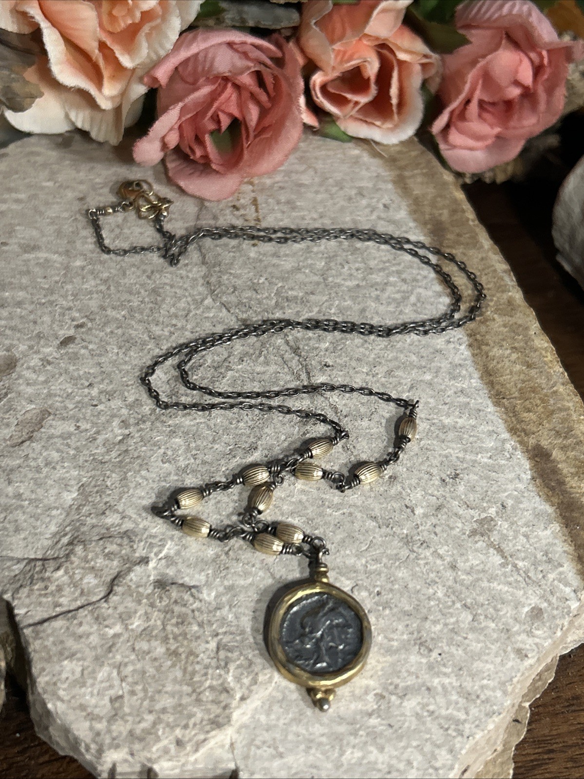 56. Vintage G.F. 925 chain Ancient Coin Replica Statement Necklace 22+”, 6.9g