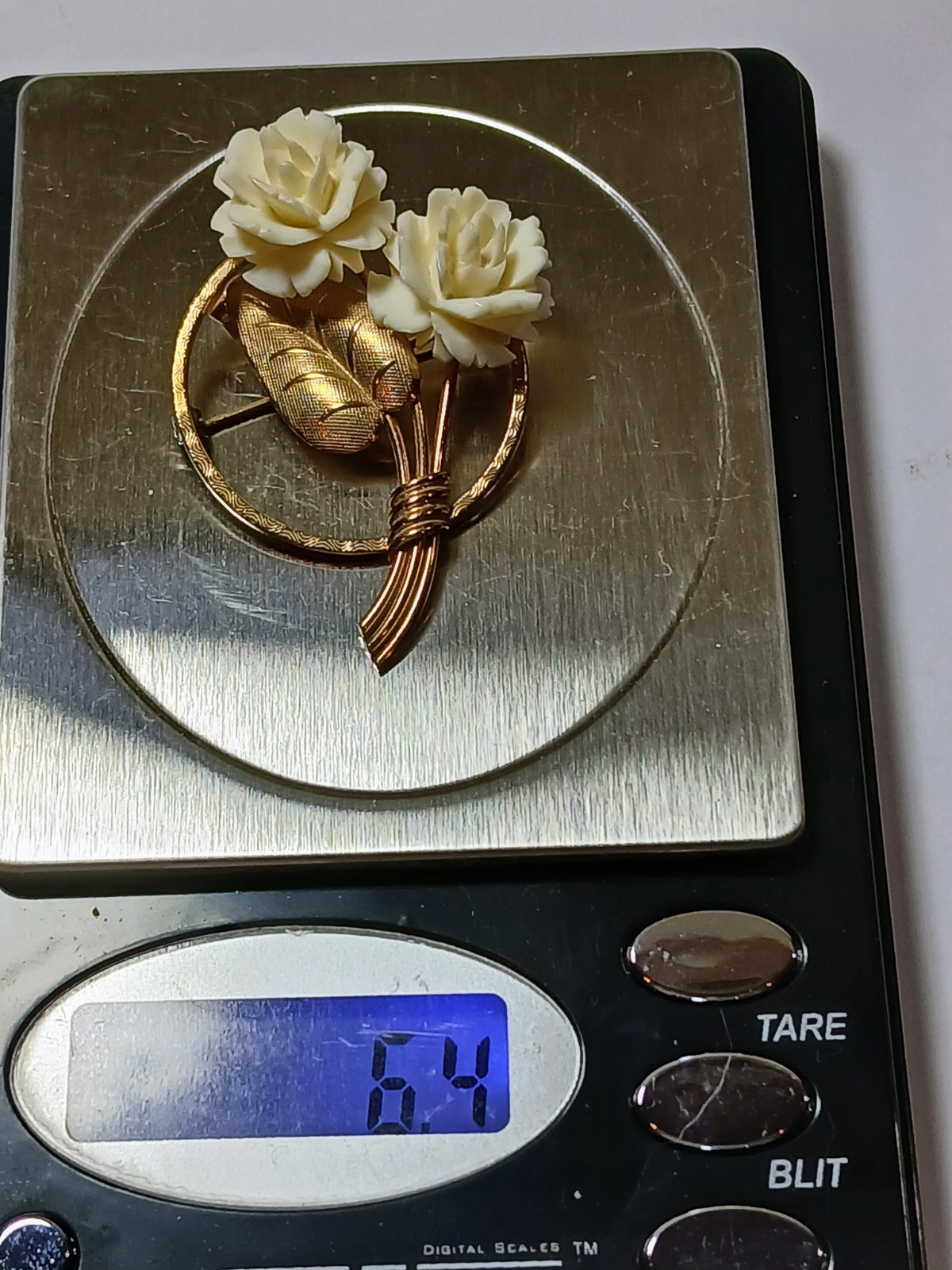 Vintage 1/20 12K Brooch Gold Filled Carved Rose Flower Leaf Pin Signed GF AC