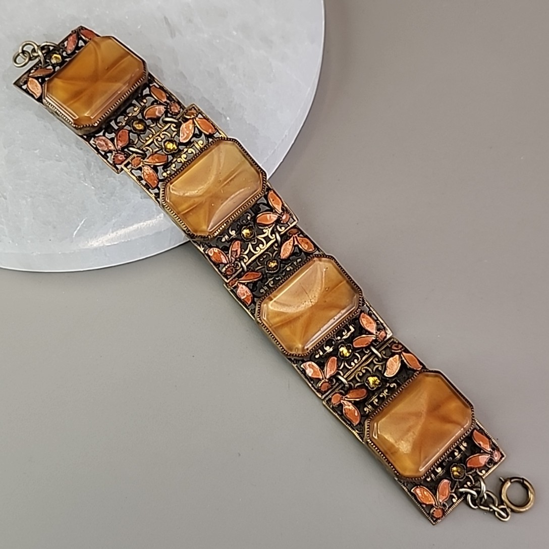 Vintage Panel Bracelet Brown Faux Star Sapphire Peach Enamel Fall Autumn 7.25″