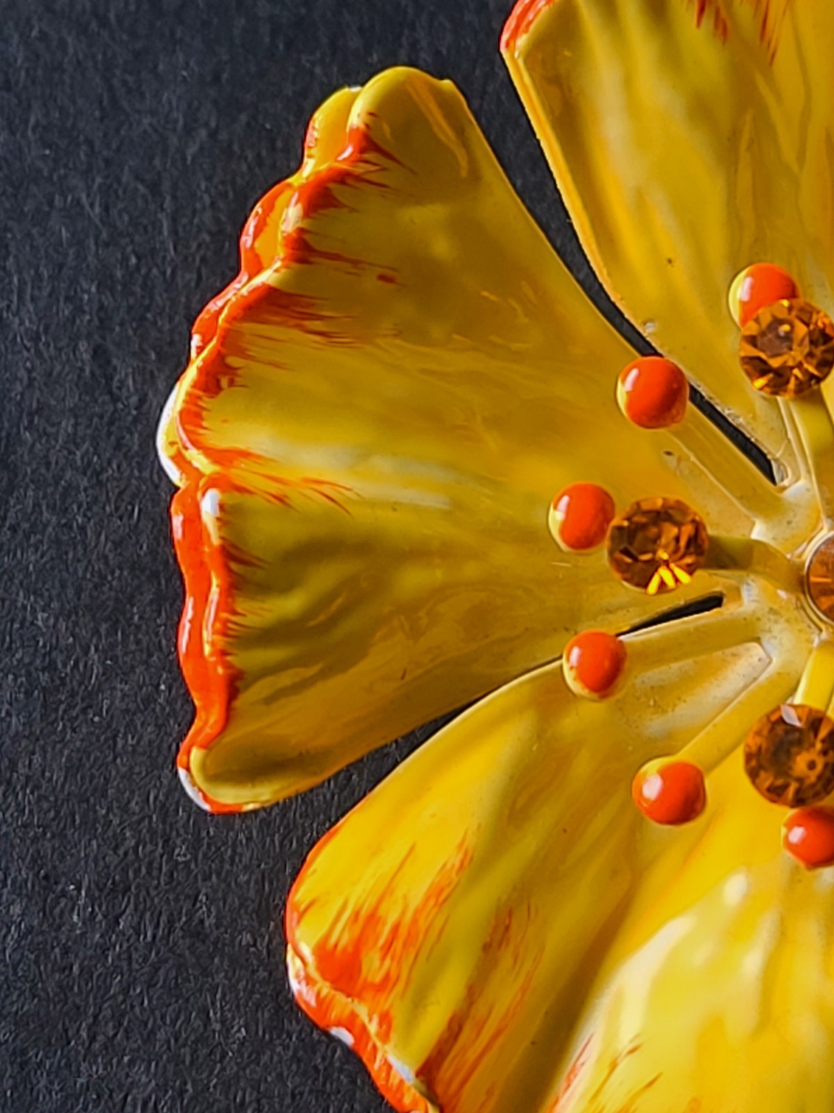 Vintage Yellow Enamel Poppy Flower Power Brooch Pin Hippie MCM Glows Under UV