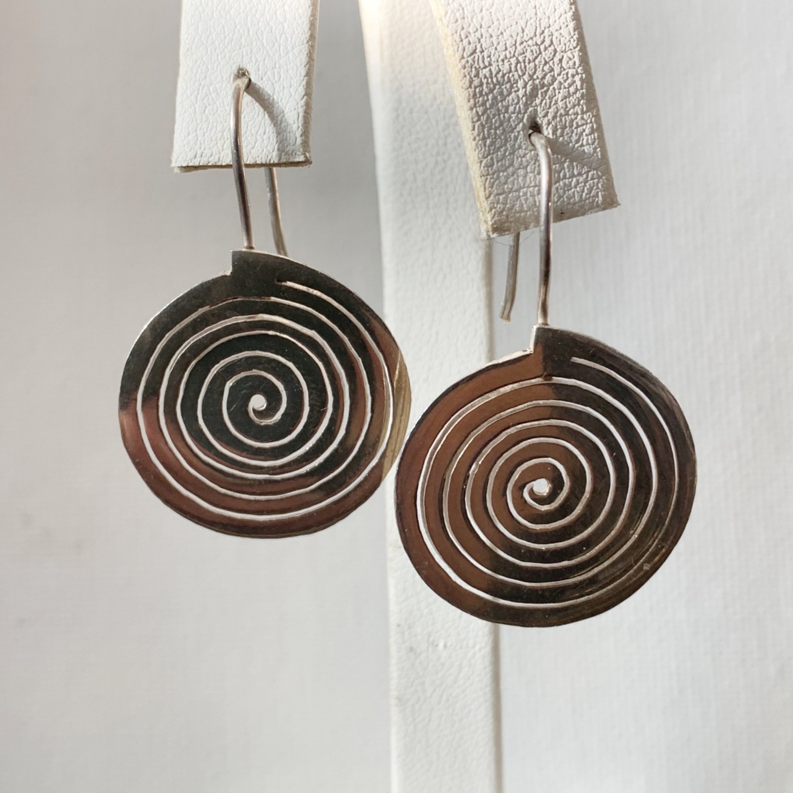 Vintage Circle Spiral Design Sterling Silver Dangle Earrings 925 Geometric 1.53″