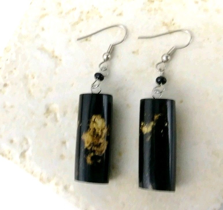 Black Coral Extra Large Vintage Earrings 1 cm Thick x 3 cm Long Hand Polished
