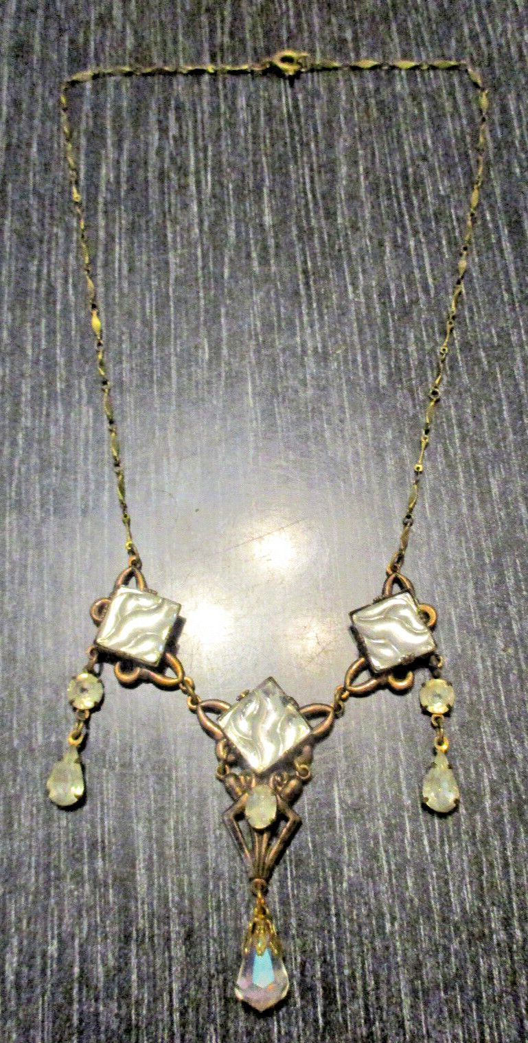 Antique Victorian Edwardian Vintage Dangle Drop Molded Glass Foil Back Necklace
