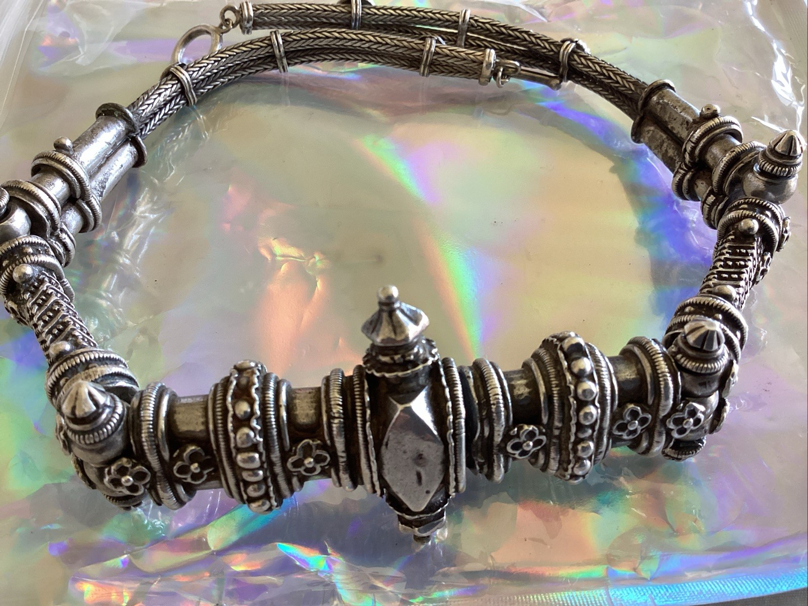 Vintage Heavy Silver Detailed Asian Indian Necklace Toggle Closure 186 Grams