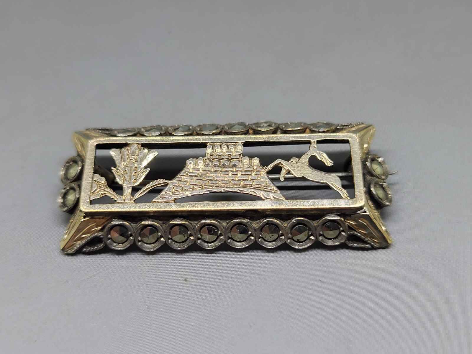Egyptian Revival Era Marcasite 9 Karat Gold on .925 Sterling Silver Pin Brooch