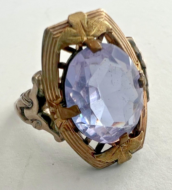 Vintage Sterling Silver & 14K Gold Ring – Large Color-Shift Blue Violet Gemstone