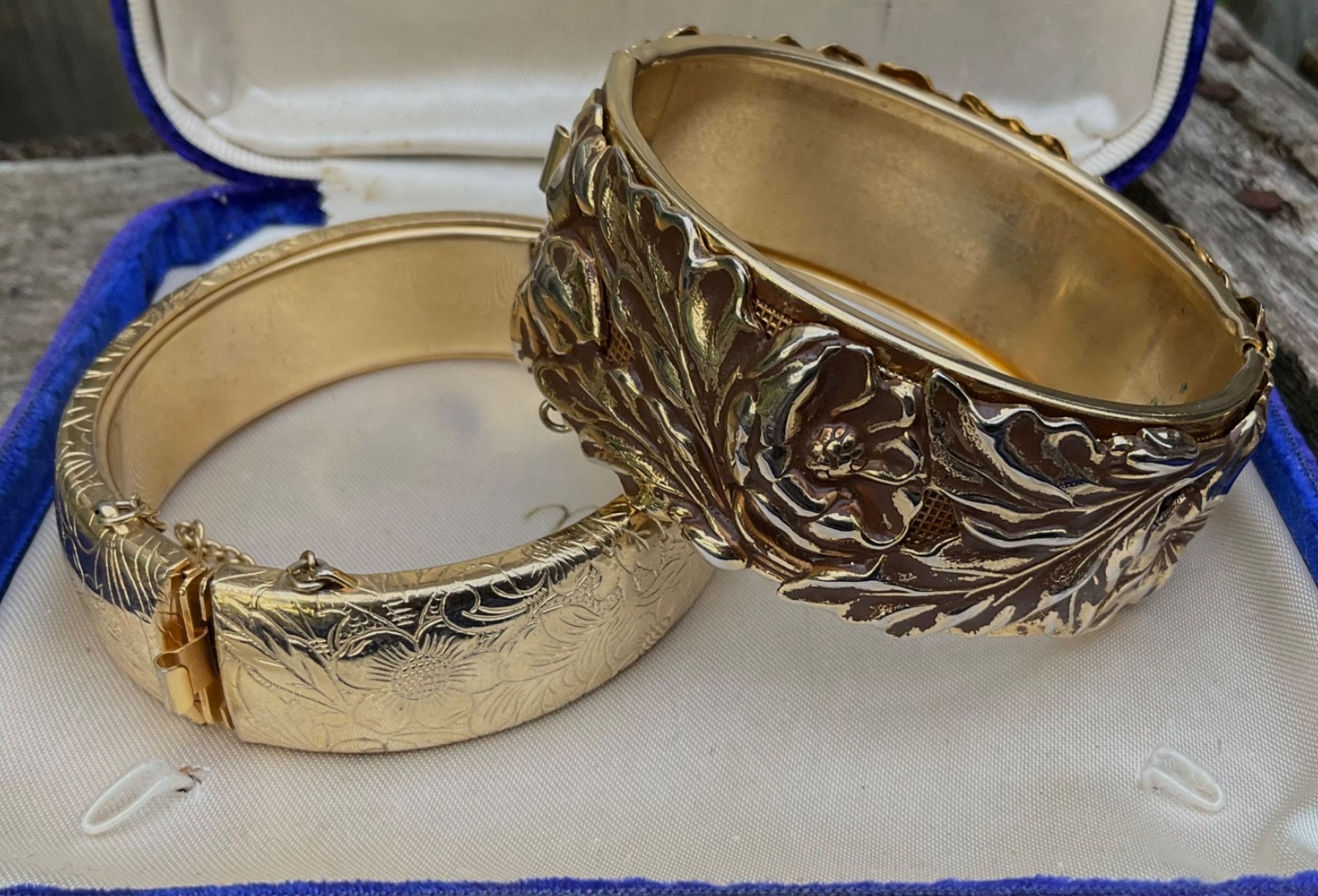 Vintage CUFF BANGLE BRACELETS Repousse Floral Nouveau Wide Gold Tone Finish