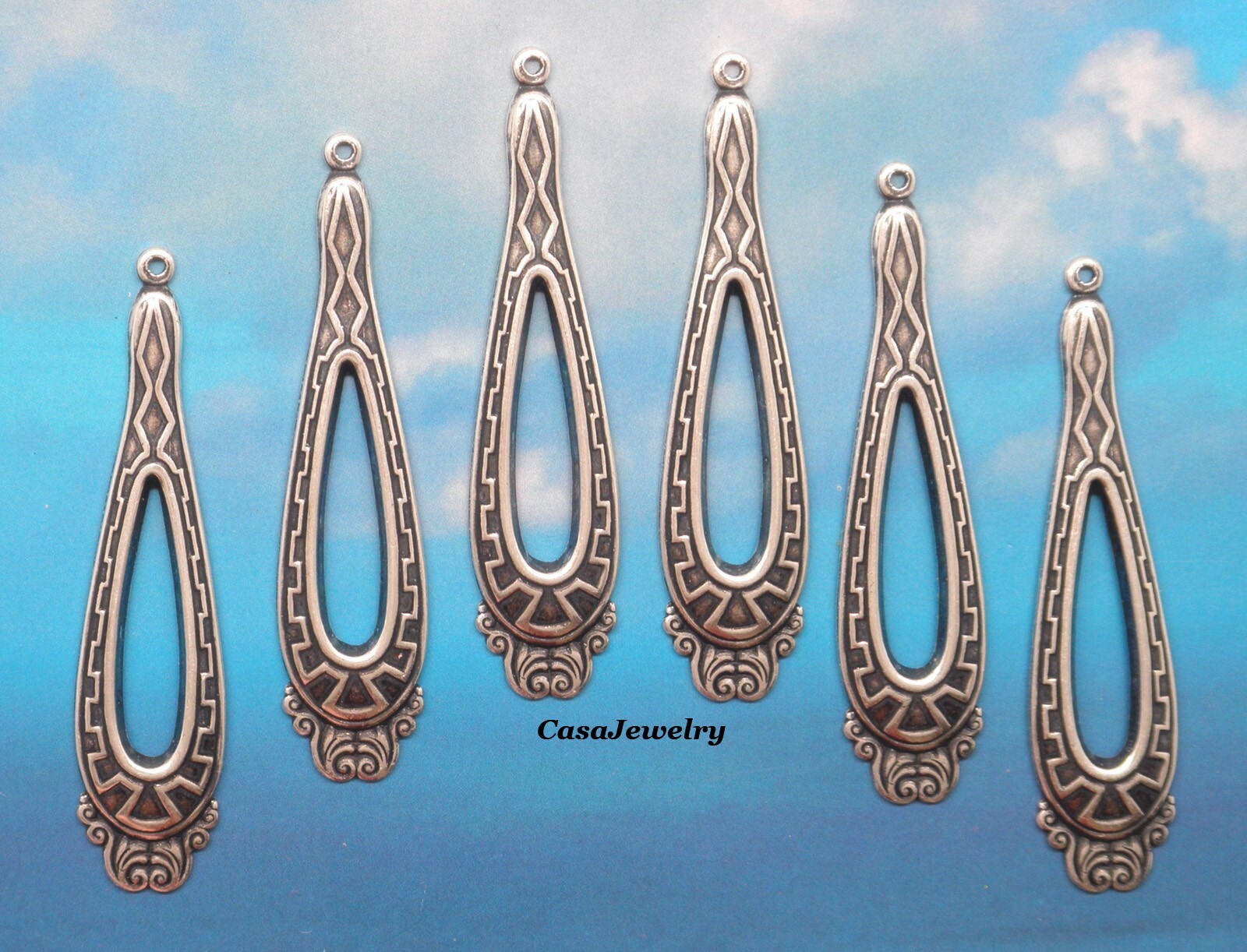 #0097 ANTIQUED STERLING SILVER PLATED OPEN TEARDROP W/TOP HANG RING – 6 Pcs