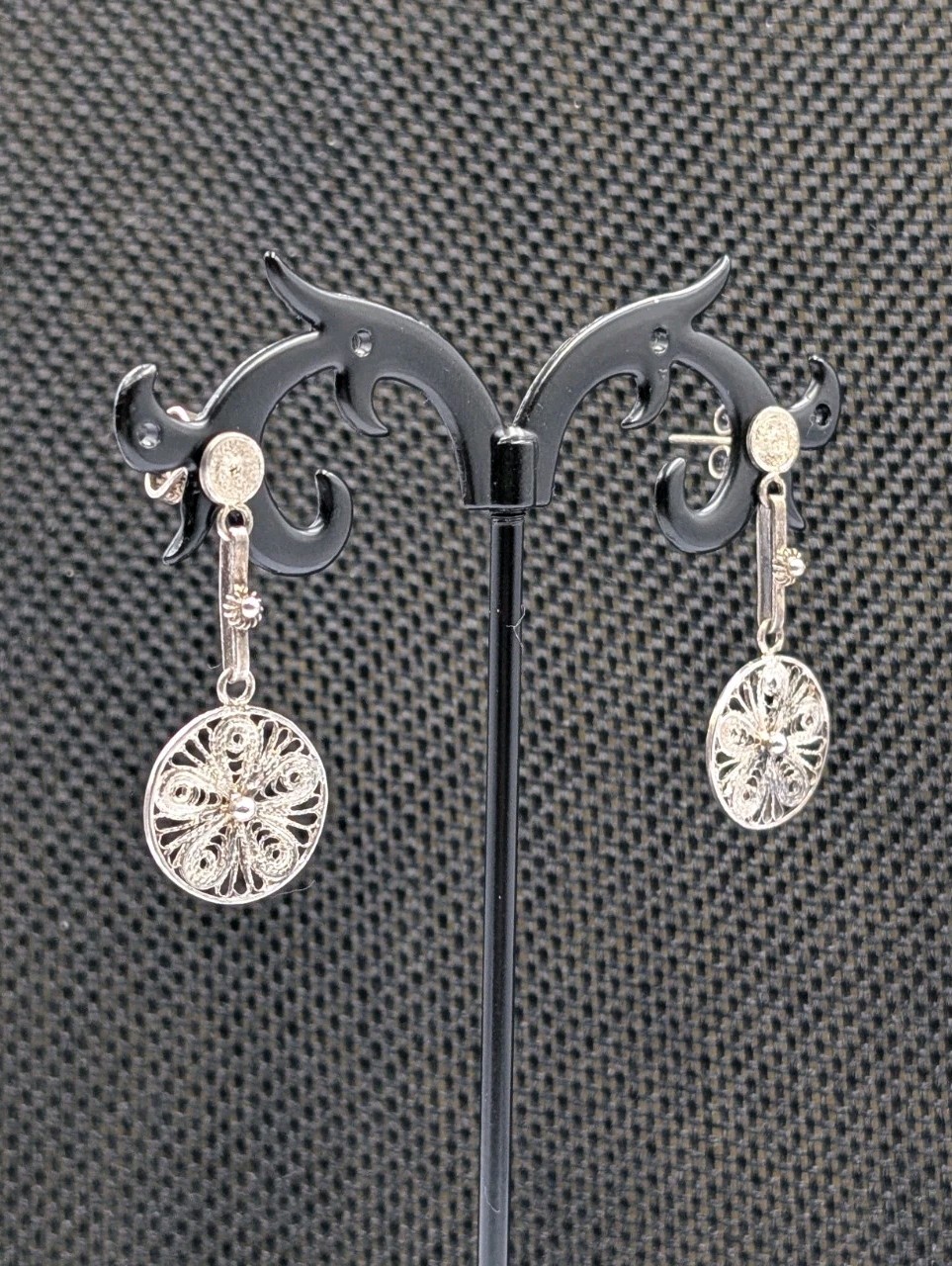 Vtg Sterling Silver Filigree Cannetille Flower Round Stud Dangle 925 Earrings 3g