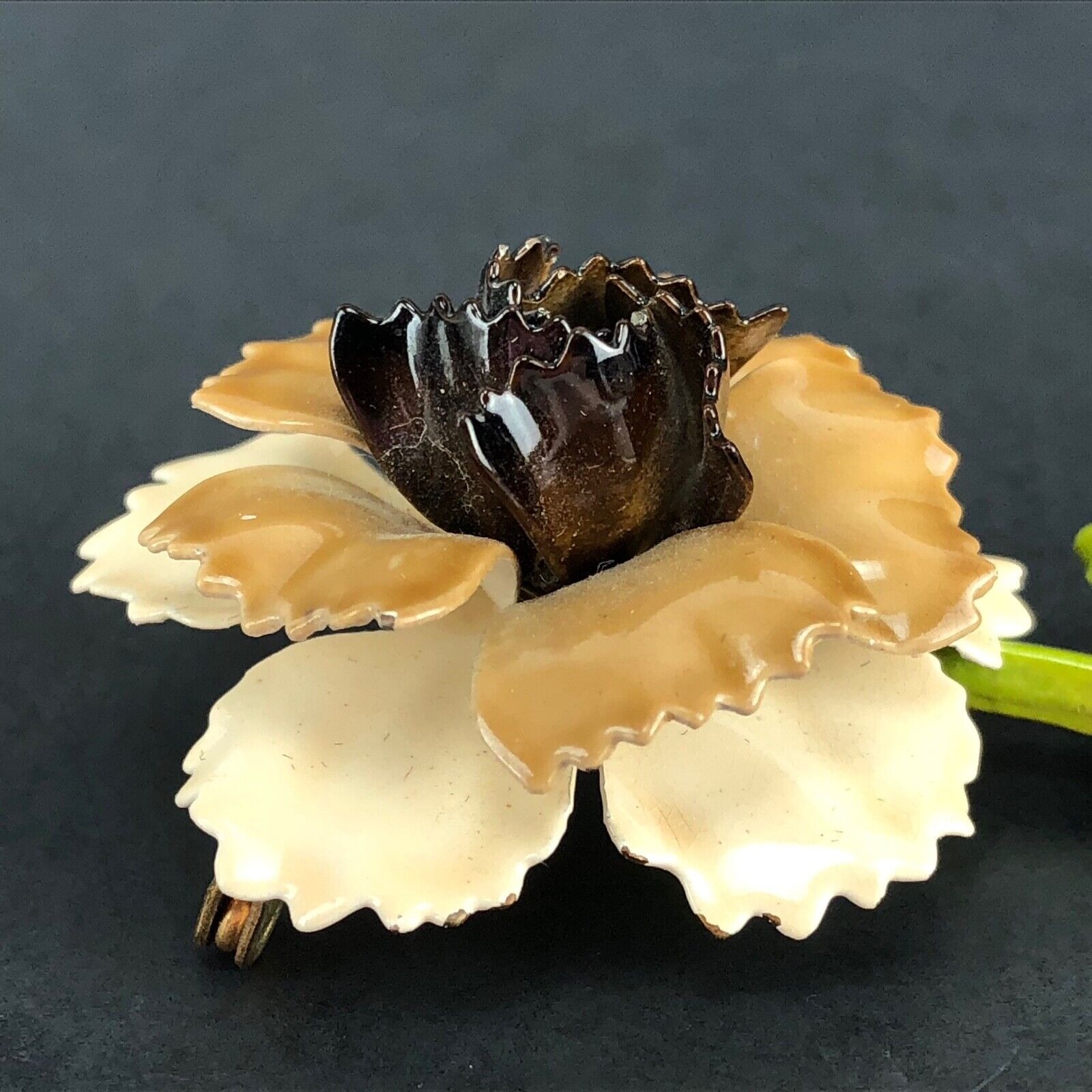 Vintage Signed Brown & White Enamel Flower Brooch
