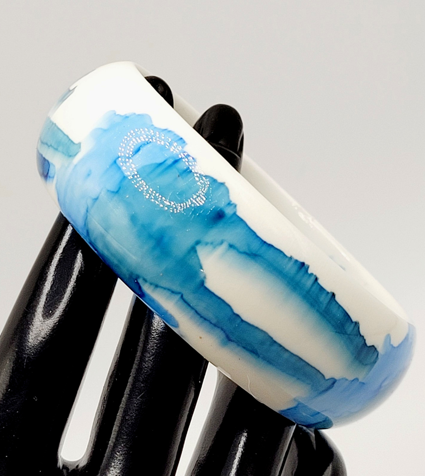 Marbled Watercolor Ink Blot Design Blue White Acrylic Chunky Bangle Bracelet