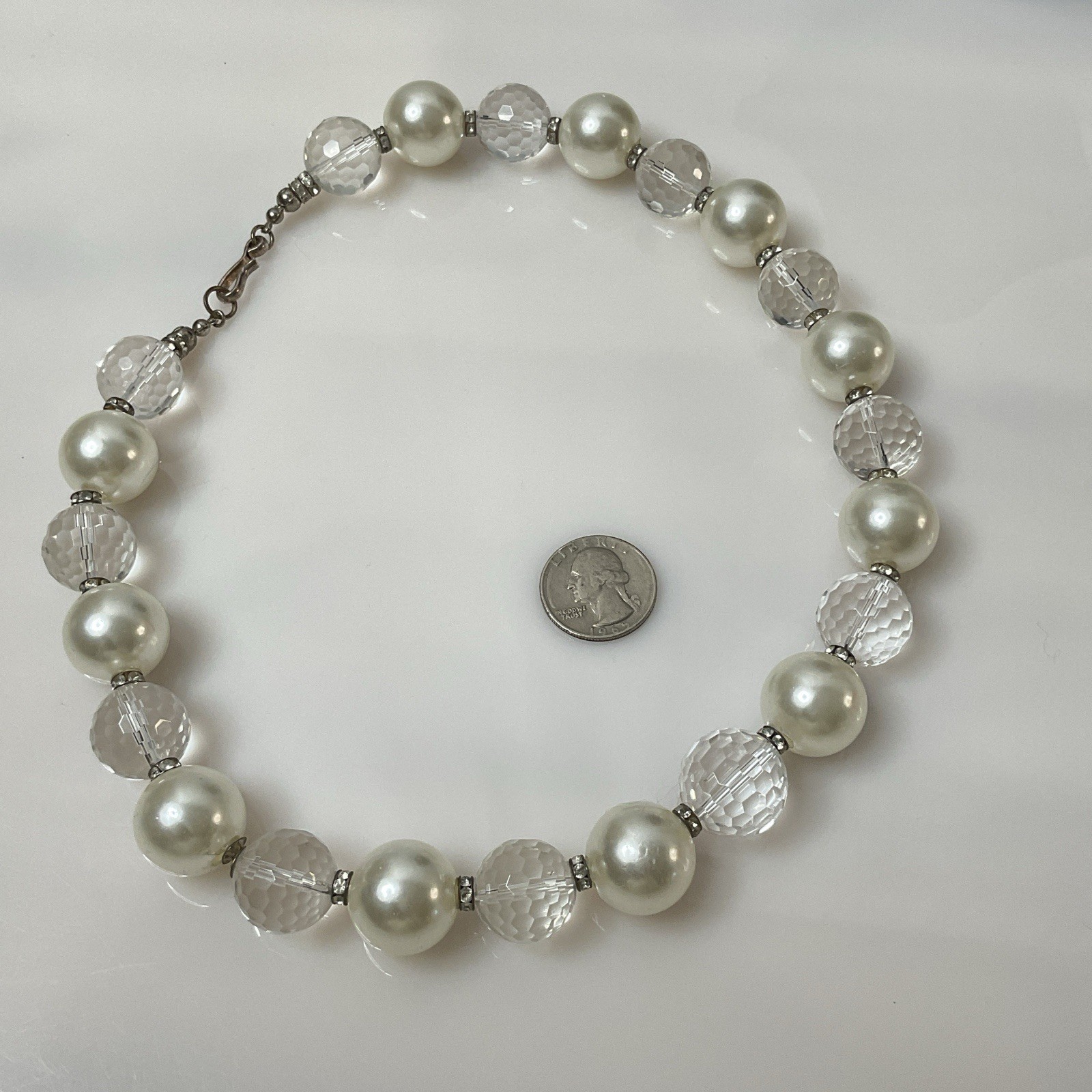 Artisan Rock Crystal Quartz Faux Pearl Necklace Handmade Studio Jewelry 20”