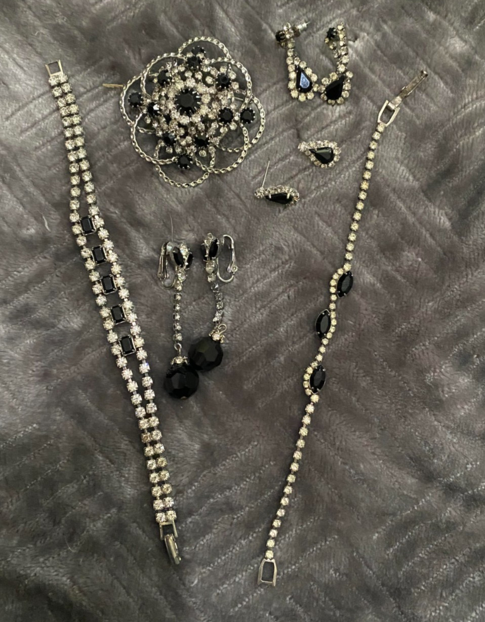 Vintage MCM Black White Clear Rhinestone Jewelry Lot 6 Brooch Bracelets Earrings