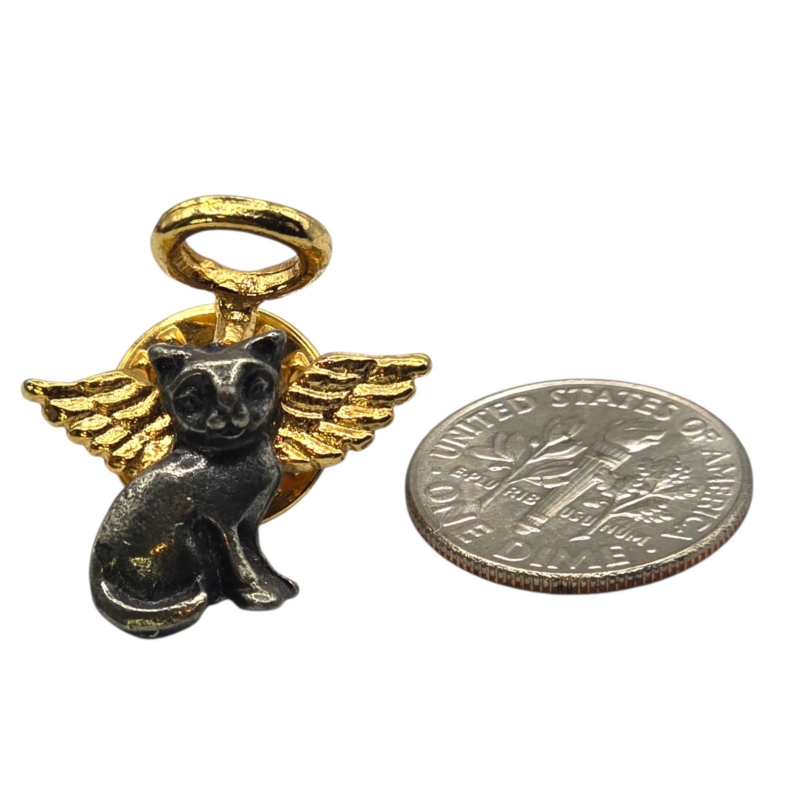 Angel Cat Pin Lapel Vintage Gold Wings Halo Kitty Pewter Minimalist SKU 3107