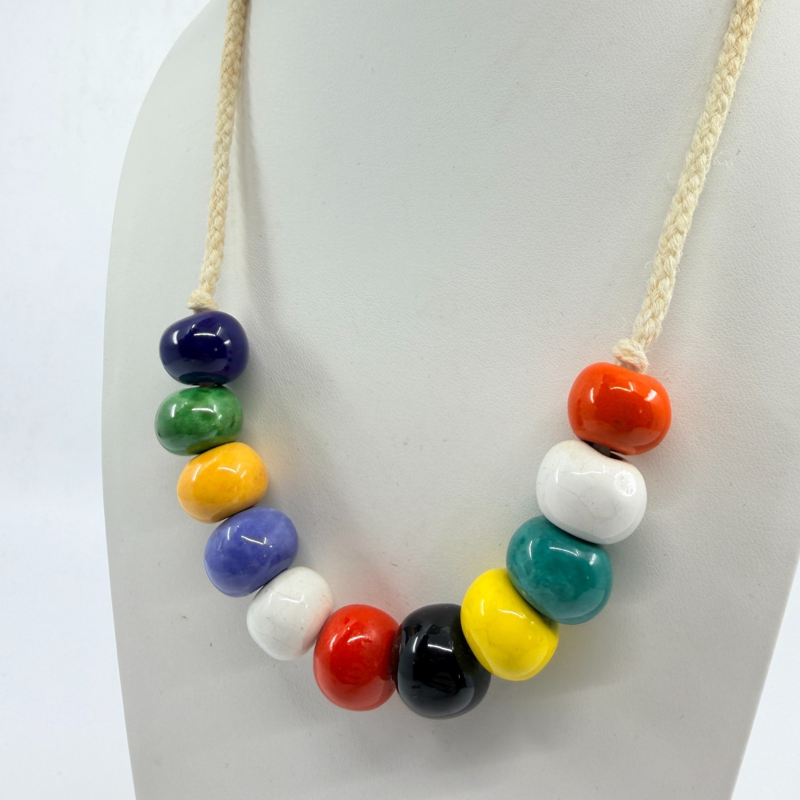 Vintage Retro Rainbow Ceramic Chunky Bead Cotton Cord Statement Necklace Craft