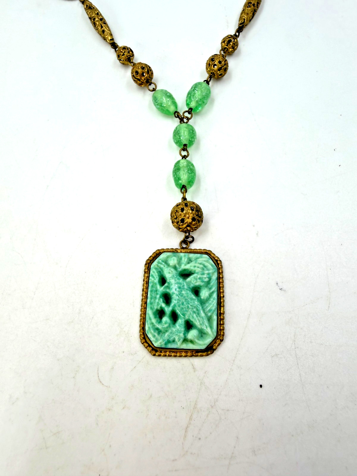 Vintage Necklace Art Deco Green Art Glass Bird Brass Asian Pendant Filigree PJ