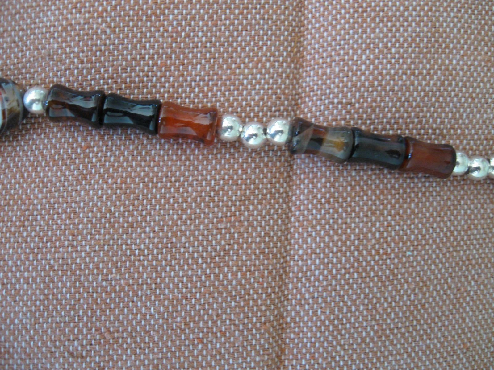 Vintage Original 26″ Agate & Amber Necklace Beaded/Silver Beads & Toggle Clasp