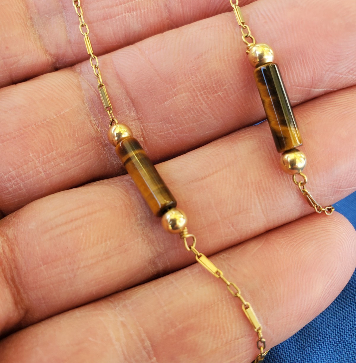 Vintage 14K GOLD Art Deco Tiger eye Statement Necklace Unique Antique Chain 28″