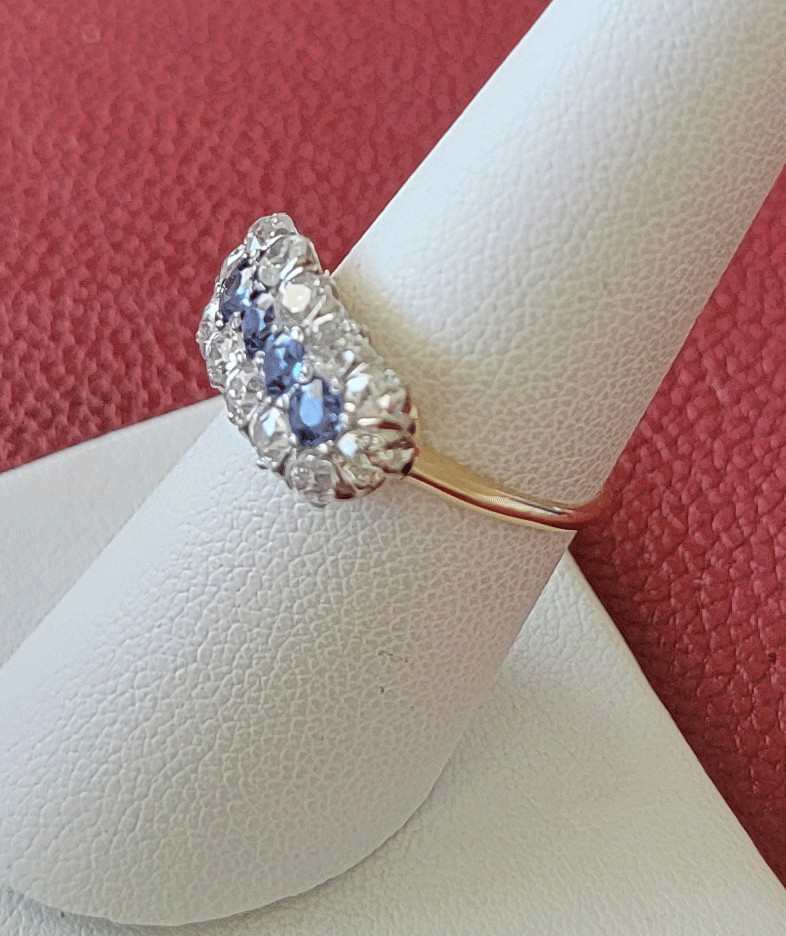 Antique Old European Cut Diamond & Blue Sapphire 14K Gold & Platinum Ring