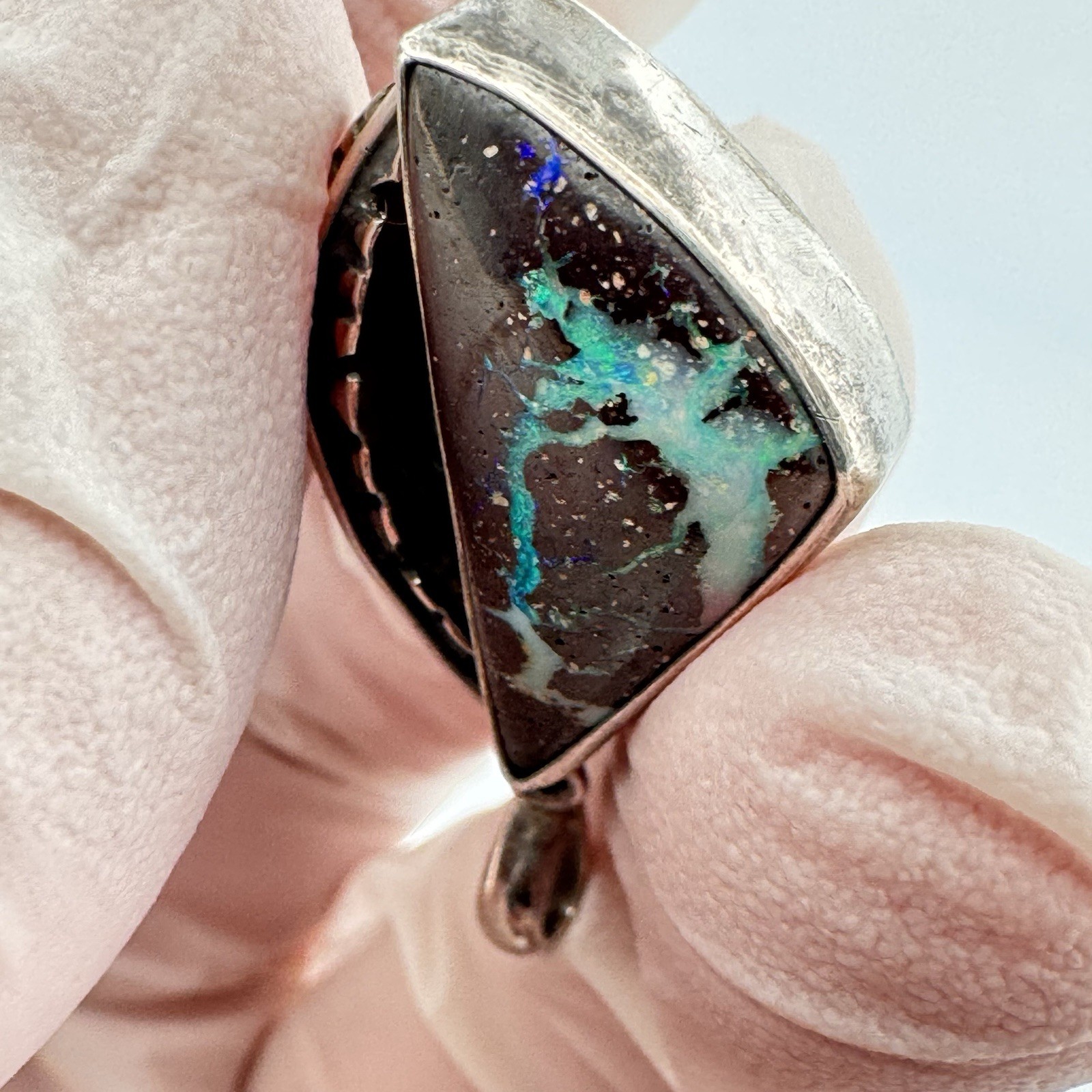 Signed RS Sterling Silver Boulder Opal Pendant Blue Green Purple Flash Artisan