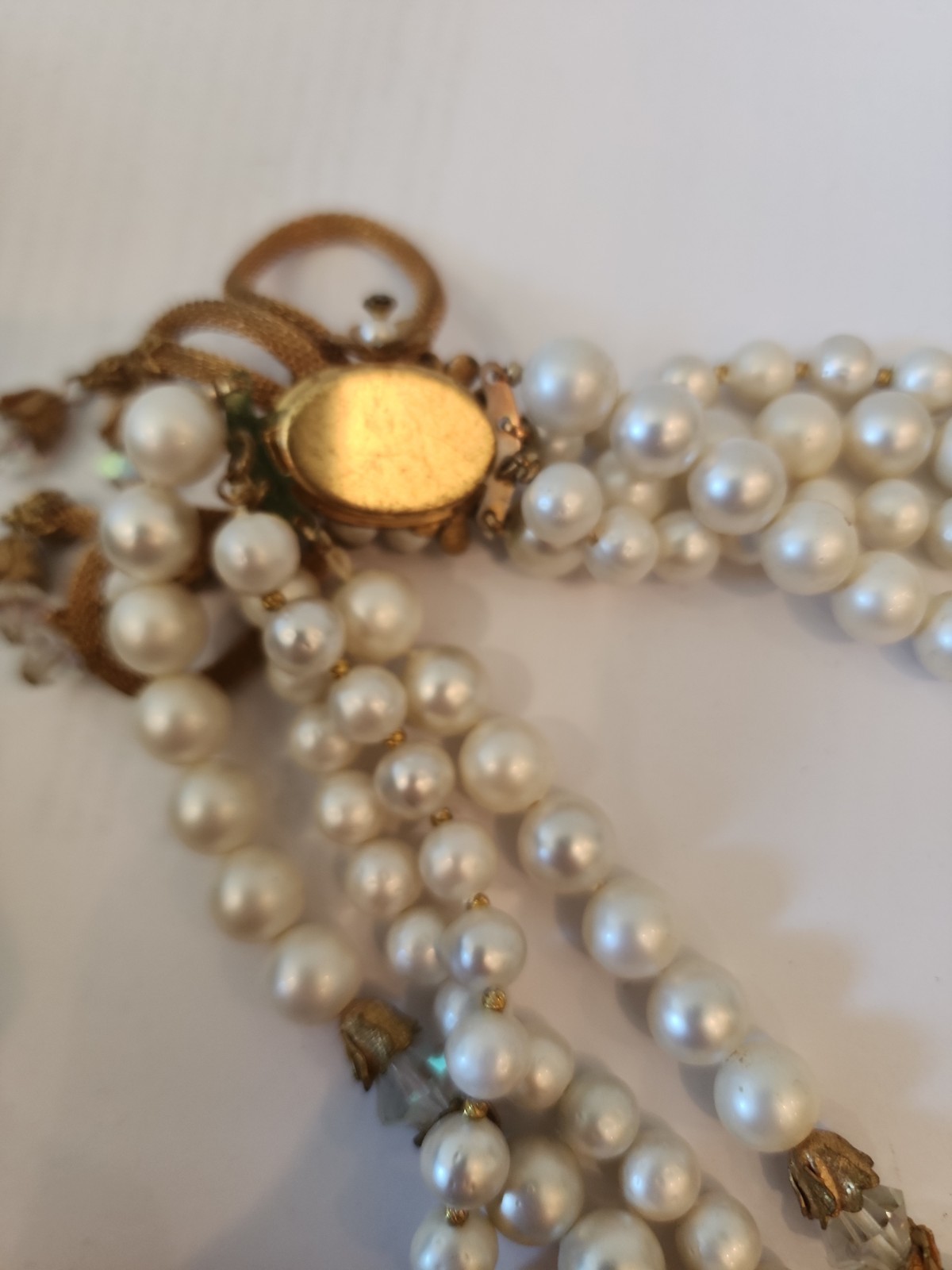 Unsigned Miriam Haskell Vintage 4 Strand Faux Pearl Necklace Gold Mesh Bow Flaws